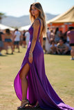 Viola scuro Spaghetti Straps Schiena Aperta Lungo Abito Ospite di Nozze