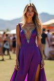 Viola scuro Spaghetti Straps Schiena Aperta Lungo Abito Ospite di Nozze