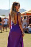 Viola scuro Spaghetti Straps Schiena Aperta Lungo Abito Ospite di Nozze