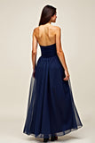 Navy Tulle Sweetheart A-Line abito da sposa lungo con volant