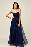 Navy Tulle Sweetheart A-Line abito da sposa lungo con volant