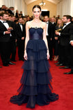 Abito da gala lungo con volant blu navy A Line