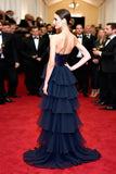 Abito da gala lungo con volant blu navy A Line