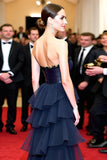 Abito da gala lungo con volant blu navy A Line