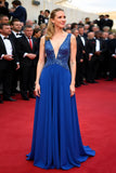 A Line Royal Blue Profondo Scollo A V Paillettes Abito di Gala