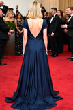 Abito di gala con paillettes con scollo a V profondo blu navy e maniche corte