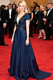 Abito di gala con paillettes con scollo a V profondo blu navy e maniche corte