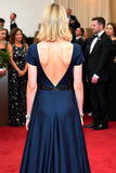 Abito di gala con paillettes con scollo a V profondo blu navy e maniche corte