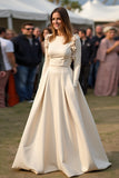 Albicocca A Line Round Neck Increspato Abito di Gala con maniche lunghe