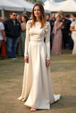 Albicocca A Line Round Neck Increspato Abito di Gala con maniche lunghe