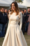 Albicocca A Line Round Neck Increspato Abito di Gala con maniche lunghe