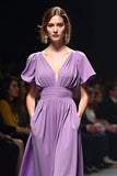 Viola con scollo a V A-Line increspato abito da sposa lungo ospite