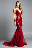 sirena rosso spaghetti cinghie scollo a v paillettes Abito da Cerimonia