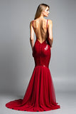 sirena rosso spaghetti cinghie scollo a v paillettes Abito da Cerimonia