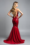 sirena rosso spaghetti cinghie scollo a v paillettes Abito da Cerimonia