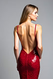 sirena rosso spaghetti cinghie scollo a v paillettes Abito da Cerimonia