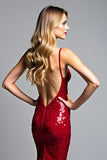 sirena rosso spaghetti cinghie scollo a v paillettes Abito da Cerimonia
