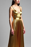 Oro A Line Spaghetti Straps Increspato Abito da Cerimonia