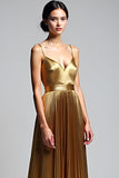 Oro A Line Spaghetti Straps Increspato Abito da Cerimonia