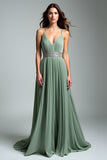 Dusty Sage Increspato Spaghetti Straps A Line Abito Formale