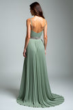Dusty Sage Increspato Spaghetti Straps A Line Abito Formale