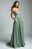 Dusty Sage Increspato Spaghetti Straps A Line Abito Formale