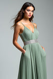 Dusty Sage Increspato Spaghetti Straps A Line Abito Formale