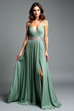 Dusty Sage Spaghetti Straps increspato una linea Abito da Cerimonia con fessura