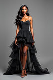 Spaghetti Straps Nero Alto Basso Arruffato Abito Lungo Formale