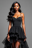 Spaghetti Straps Nero Alto Basso Arruffato Abito Lungo Formale