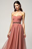 Dusty Rose senza spalline una linea di tulle Abito da Cerimonia