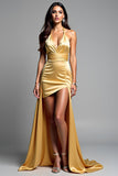 Halter Sheath Golden Backless Abito da Cerimonia con fessura alta