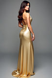Dorato Halter Guaina Backless Abito da ballo lungo con fessura