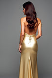 Dorato Halter Guaina Backless Abito da ballo lungo con fessura