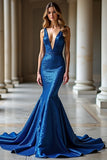 Royal Blue Mermaid profondo scollo a V Abito da Cerimonia