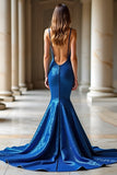 Royal Blue Mermaid profondo scollo a V Abito da Cerimonia