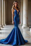 Royal Blue Mermaid profondo scollo a V Abito da Cerimonia