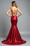 Sirena rossa Spaghetti Straps paillettes Abito da Cerimonia