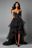 Nero arruffato Spaghetti Straps A Line Abito formale