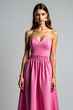 Fucsia A Line senza spalline increspato Abito da Cerimonia