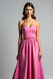 Fucsia A Line senza spalline increspato Abito da Cerimonia
