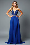 Una linea di perline Royal Blue Spaghetti Straps Abito da sposa ospite