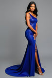 Una spalla guaina Royal Blue Abito da Cerimonia con fessura
