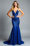 sirena Royal Blue Spaghetti Straps Abito lungo da ballo