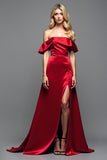 Off the Shoulder Borgogna Satin A Line Abito da Cerimonia con fessura