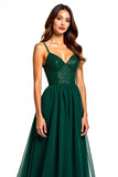 Verde scuro Spaghetti Straps una linea di abito da sposa lungo ospite con fessura