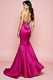 Fucsia senza spalline sirena abito lungo da ballo con perline