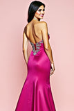 Fucsia senza spalline sirena abito lungo da ballo con perline