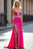 Appliques fucsia senza spalline guaina Abito da Cerimonia con fessura