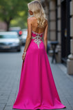 Appliques fucsia senza spalline guaina Abito da Cerimonia con fessura